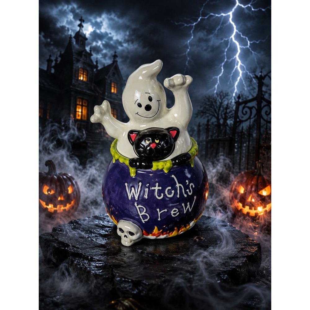 David's Cookies Halloween Witch's Brew Cauldron Cookie Jar Ghost Black Cat Skull